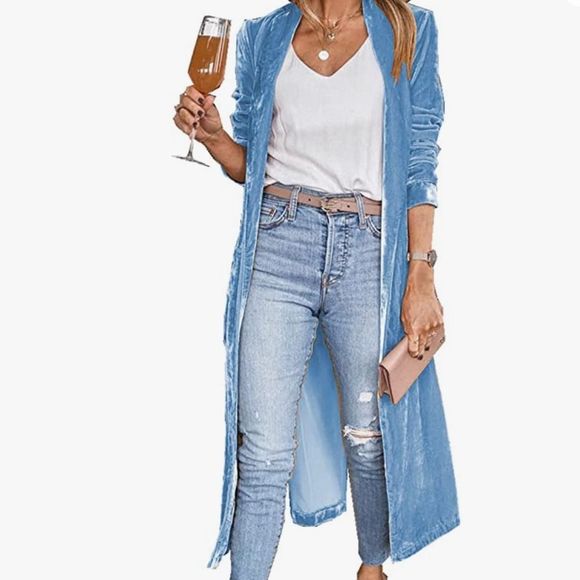 Longline Velvet Retro Duster Coat Jacket in Powder Blue - Picture 2 of 16